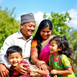 A joyful Nepali family of four members enjoying quality time together in a serene outdoor setting