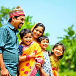 A joyful Nepali family of four members enjoying quality time together in a serene outdoor setting