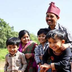 A joyful Nepali family of four members enjoying quality time together in a serene outdoor setting