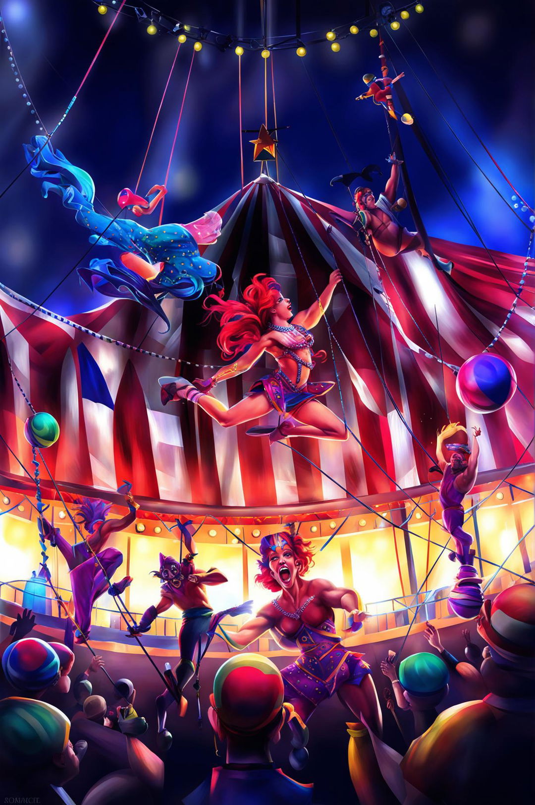 This digital art piece depicts a vibrant circus act with a trapeze artist, a juggling jester, a strongman, and a unicyclist performing under a grand circus tent, with spectators cheering from the stands