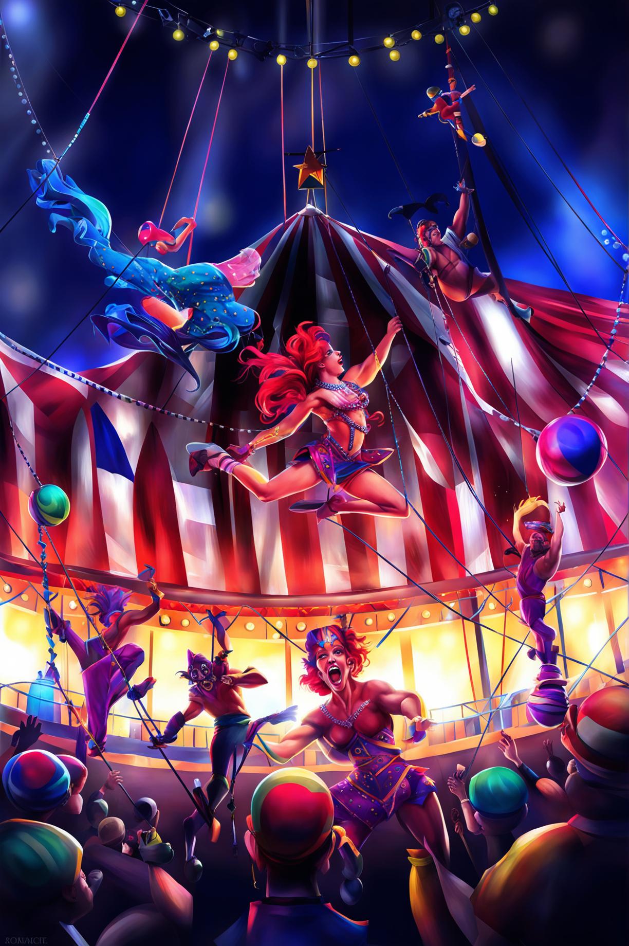 This digital art piece depicts a vibrant circus act with a trapeze artist, a juggling jester, a strongman, and a unicyclist performing under a grand circus tent, with spectators cheering from the stands
