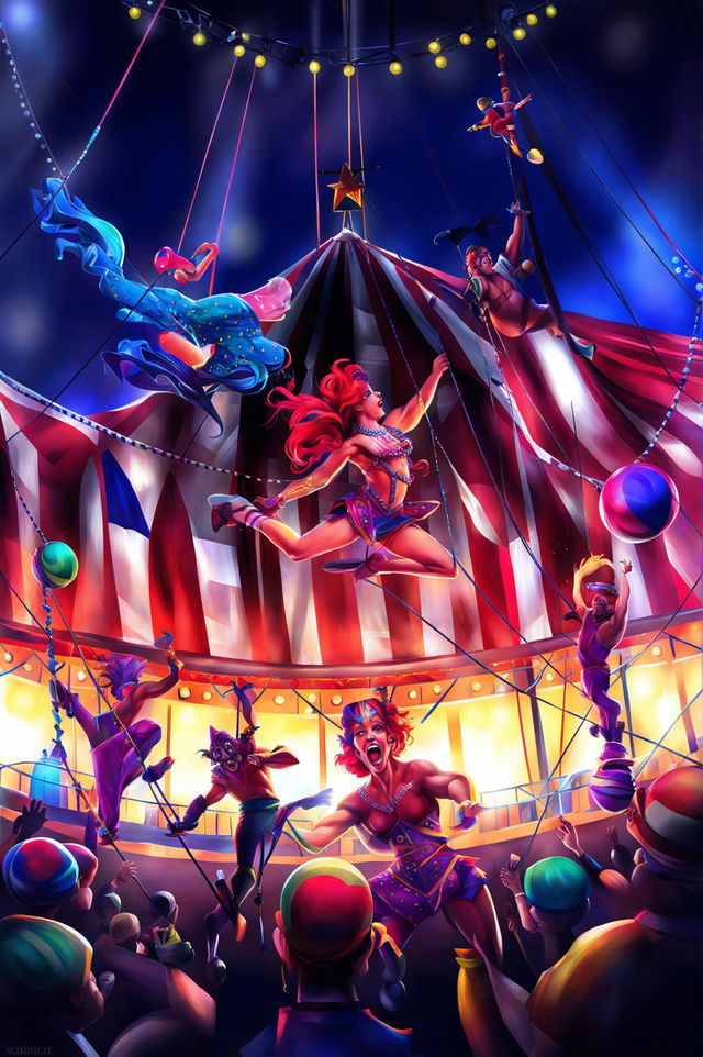 This digital art piece depicts a vibrant circus act with a trapeze artist, a juggling jester, a strongman, and a unicyclist performing under a grand circus tent, with spectators cheering from the stands