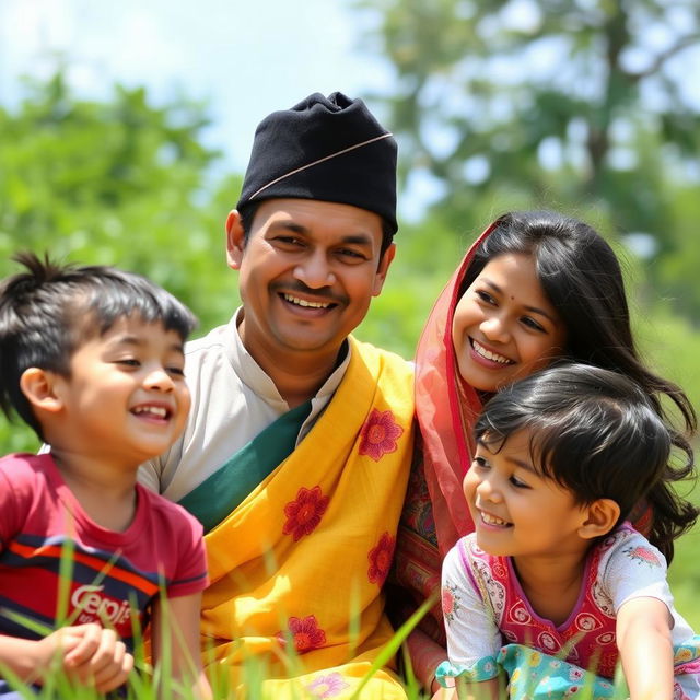 A joyful Nepali family of four members enjoying quality time together in a serene outdoor setting