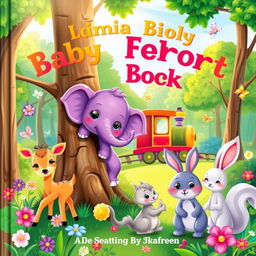 A charming and colorful book cover for a children's story featuring a small purple baby elephant living in a whimsical forest