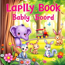 A charming and colorful book cover for a children's story featuring a small purple baby elephant living in a whimsical forest
