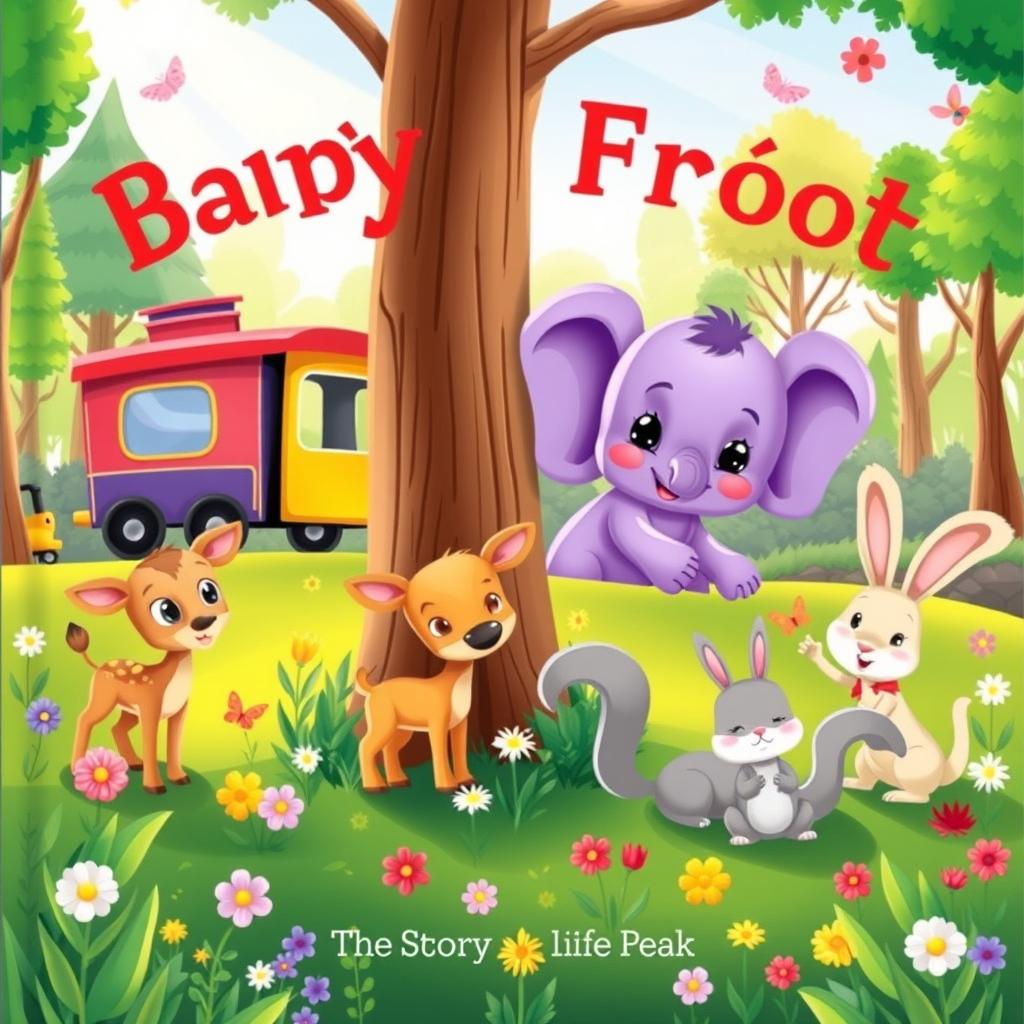 A charming and colorful book cover for a children's story featuring a small purple baby elephant living in a whimsical forest