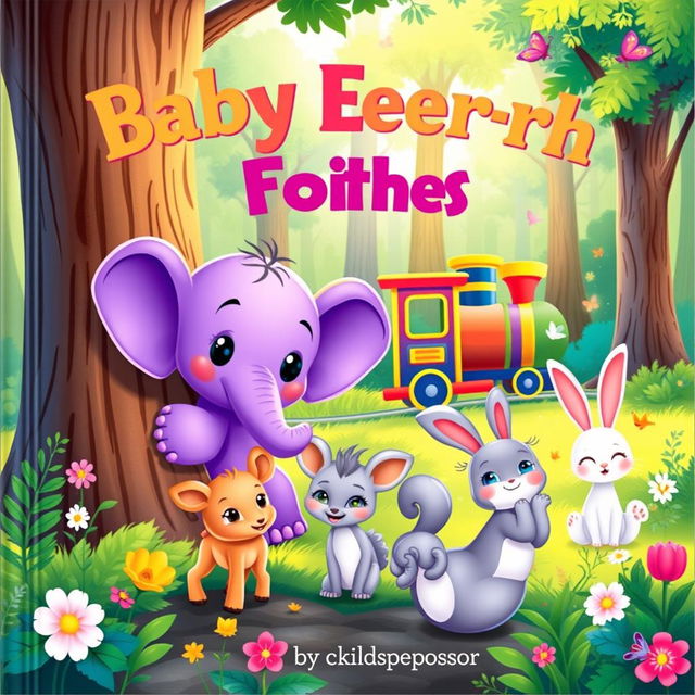 A charming and colorful book cover for a children's story featuring a small purple baby elephant living in a whimsical forest