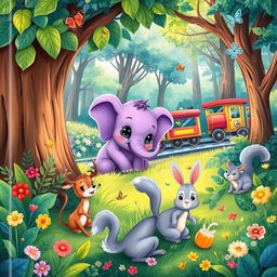 An enchanting book cover illustration for a children's story featuring a small, lovable purple baby elephant hiding playfully in a vibrant forest
