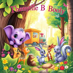 An enchanting book cover illustration for a children's story featuring a small, lovable purple baby elephant hiding playfully in a vibrant forest