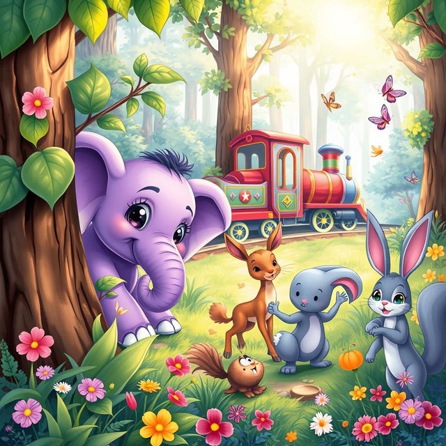 An enchanting book cover illustration for a children's story featuring a small, lovable purple baby elephant hiding playfully in a vibrant forest