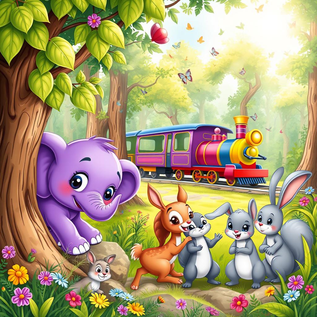 An enchanting book cover illustration for a children's story featuring a small, lovable purple baby elephant hiding playfully in a vibrant forest