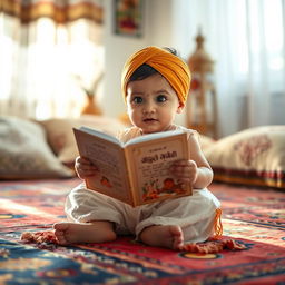 A serene image of a charming baby sitting cross-legged on a colorful carpet, intently reading from a beautifully illustrated book of Gurbani