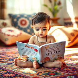 A serene image of a charming baby sitting cross-legged on a colorful carpet, intently reading from a beautifully illustrated book of Gurbani