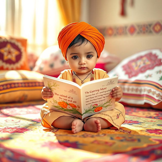 A serene image of a charming baby sitting cross-legged on a colorful carpet, intently reading from a beautifully illustrated book of Gurbani