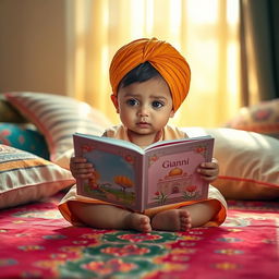 A serene image of a charming baby sitting cross-legged on a colorful carpet, intently reading from a beautifully illustrated book of Gurbani