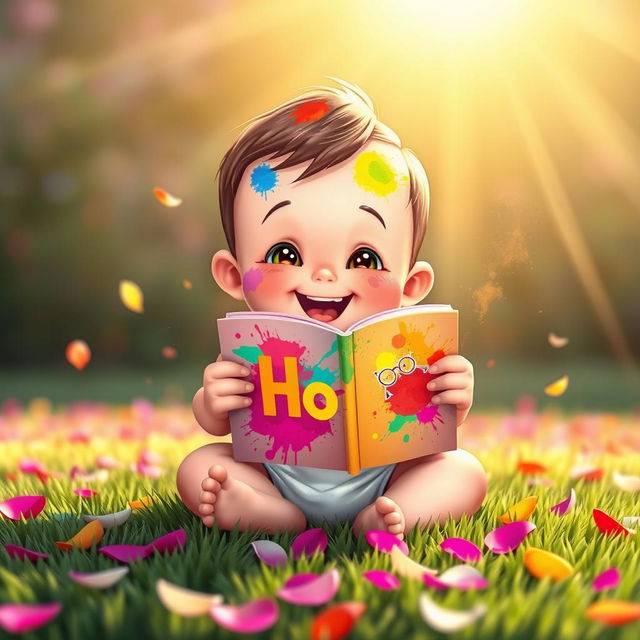 A cute and playful animated baby sitting on the grass, joyfully holding a bright, colorful Holi book filled with vibrant splashes of color