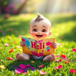 A cute and playful animated baby sitting on the grass, joyfully holding a bright, colorful Holi book filled with vibrant splashes of color