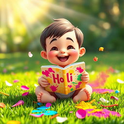 A cute and playful animated baby sitting on the grass, joyfully holding a bright, colorful Holi book filled with vibrant splashes of color