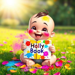 A cute and playful animated baby sitting on the grass, joyfully holding a bright, colorful Holi book filled with vibrant splashes of color