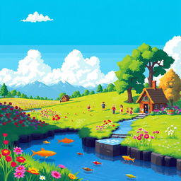 A vibrant pixel art landscape depicting a lush green meadow filled with colorful flowers under a bright blue sky