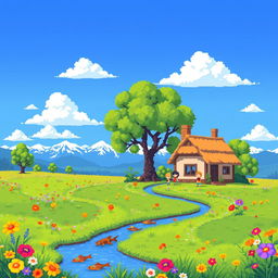 A vibrant pixel art landscape depicting a lush green meadow filled with colorful flowers under a bright blue sky