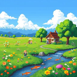 A vibrant pixel art landscape depicting a lush green meadow filled with colorful flowers under a bright blue sky