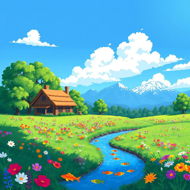 A vibrant pixel art landscape depicting a lush green meadow filled with colorful flowers under a bright blue sky