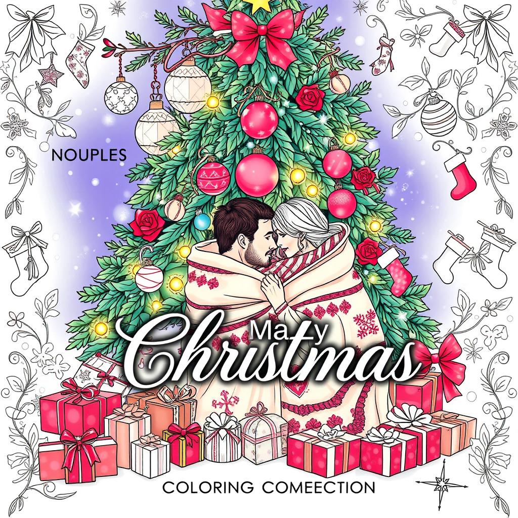 A captivating cover for a highly erotic adult coloring book centered around a Christmas theme for couples