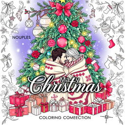 A captivating cover for a highly erotic adult coloring book centered around a Christmas theme for couples