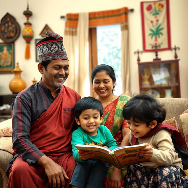 A cheerful Nepali family of four, including a father, mother, brother, and sister, gathered together in a warm, inviting home setting