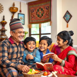 A cheerful Nepali family of four, including a father, mother, brother, and sister, gathered together in a warm, inviting home setting