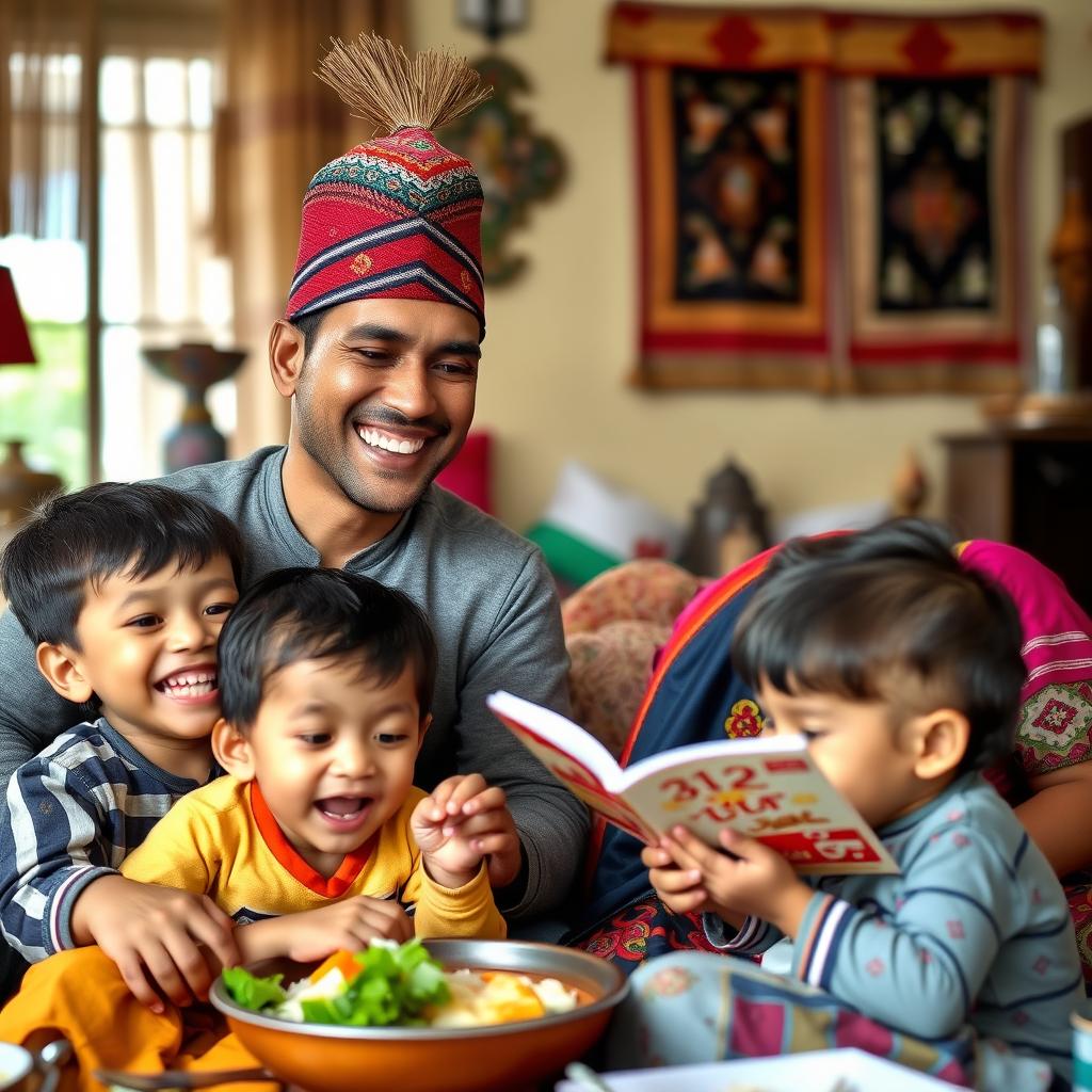 A cheerful Nepali family of four, including a father, mother, brother, and sister, gathered together in a warm, inviting home setting