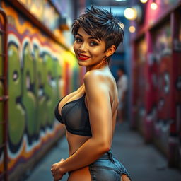 A sexy, beautiful girl with short, spiky hair, striking features, and an alluring gaze