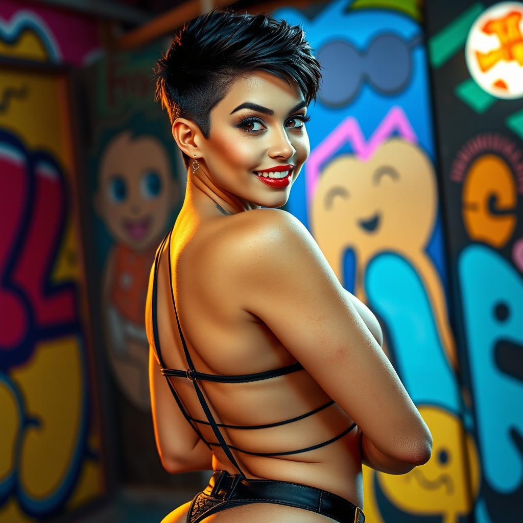 A sexy, beautiful girl with short, spiky hair, striking features, and an alluring gaze