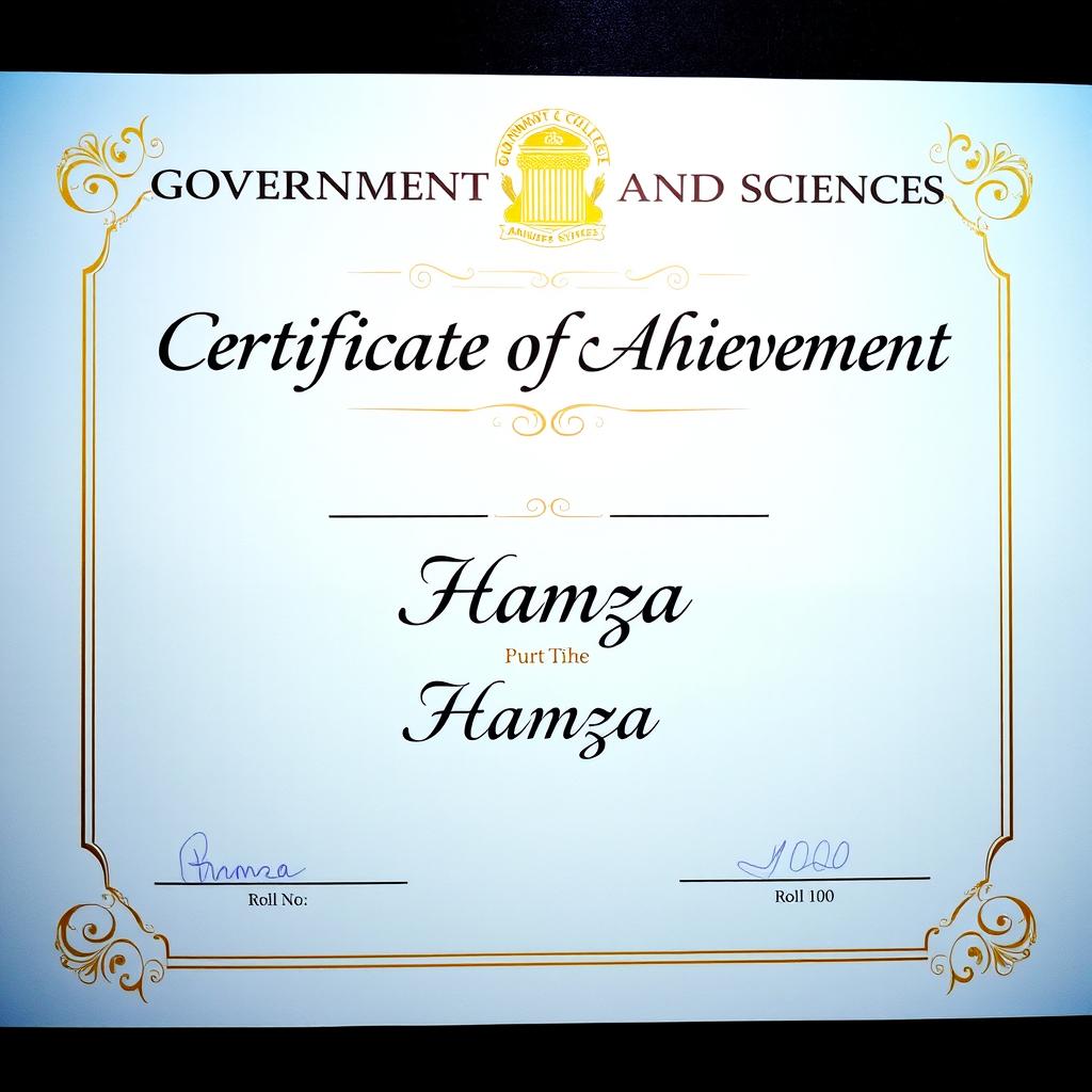 A beautifully designed certificate featuring the heading 'Government College of Management and Sciences' prominently at the top, in elegant and bold font