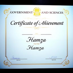 A beautifully designed certificate featuring the heading 'Government College of Management and Sciences' prominently at the top, in elegant and bold font