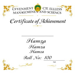 A beautifully designed certificate featuring the heading 'Government College of Management and Sciences' prominently at the top, in elegant and bold font