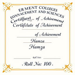 A beautifully designed certificate featuring the heading 'Government College of Management and Sciences' prominently at the top, in elegant and bold font