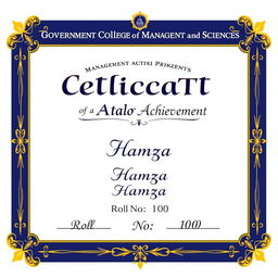 A beautifully designed certificate featuring the heading 'Government College of Management and Sciences' prominently at the top, in elegant and bold font