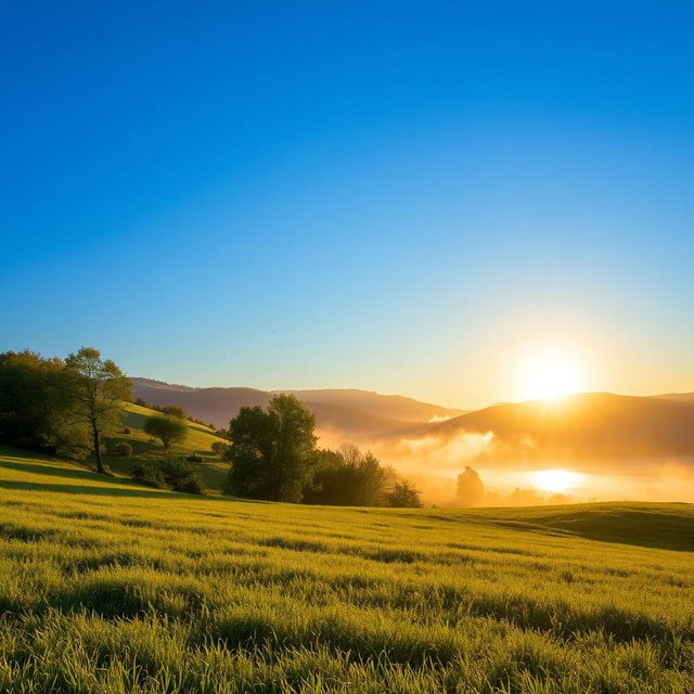 A serene and vibrant natural scene captured during early morning light, showcasing a beautiful landscape with lush green trees, rolling hills, and a clear blue sky