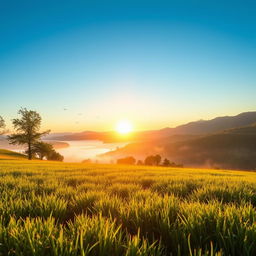 A serene and vibrant natural scene captured during early morning light, showcasing a beautiful landscape with lush green trees, rolling hills, and a clear blue sky