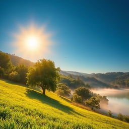 A serene and vibrant natural scene captured during early morning light, showcasing a beautiful landscape with lush green trees, rolling hills, and a clear blue sky