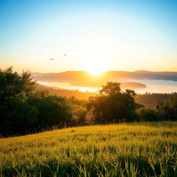 A serene and vibrant natural scene captured during early morning light, showcasing a beautiful landscape with lush green trees, rolling hills, and a clear blue sky