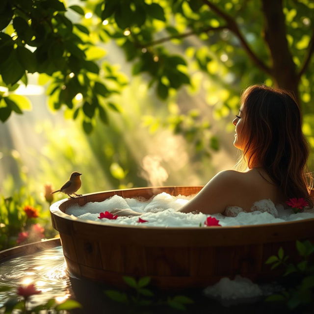 A serene morning scene of a person bathing in a beautifully illuminated outdoor setting