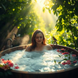 A serene morning scene of a person bathing in a beautifully illuminated outdoor setting
