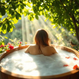 A serene morning scene of a person bathing in a beautifully illuminated outdoor setting
