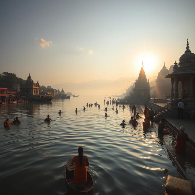 A serene morning scene at the Ganga Ghat in Haridwar, India