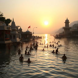 A serene morning scene at the Ganga Ghat in Haridwar, India