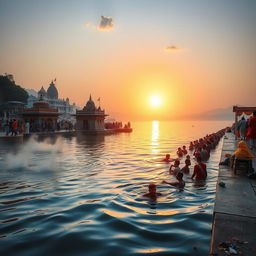 A serene morning scene at the Ganga Ghat in Haridwar, India