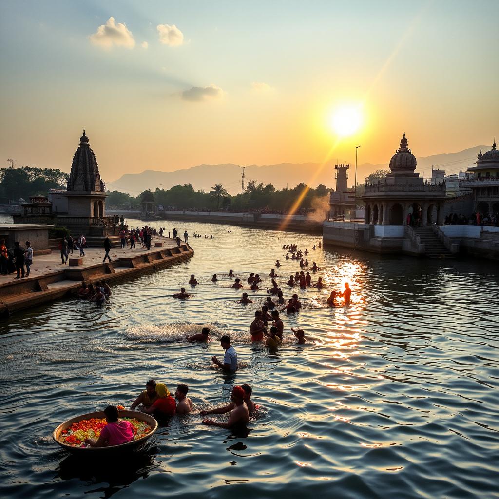 A serene morning scene at the Ganga Ghat in Haridwar, India